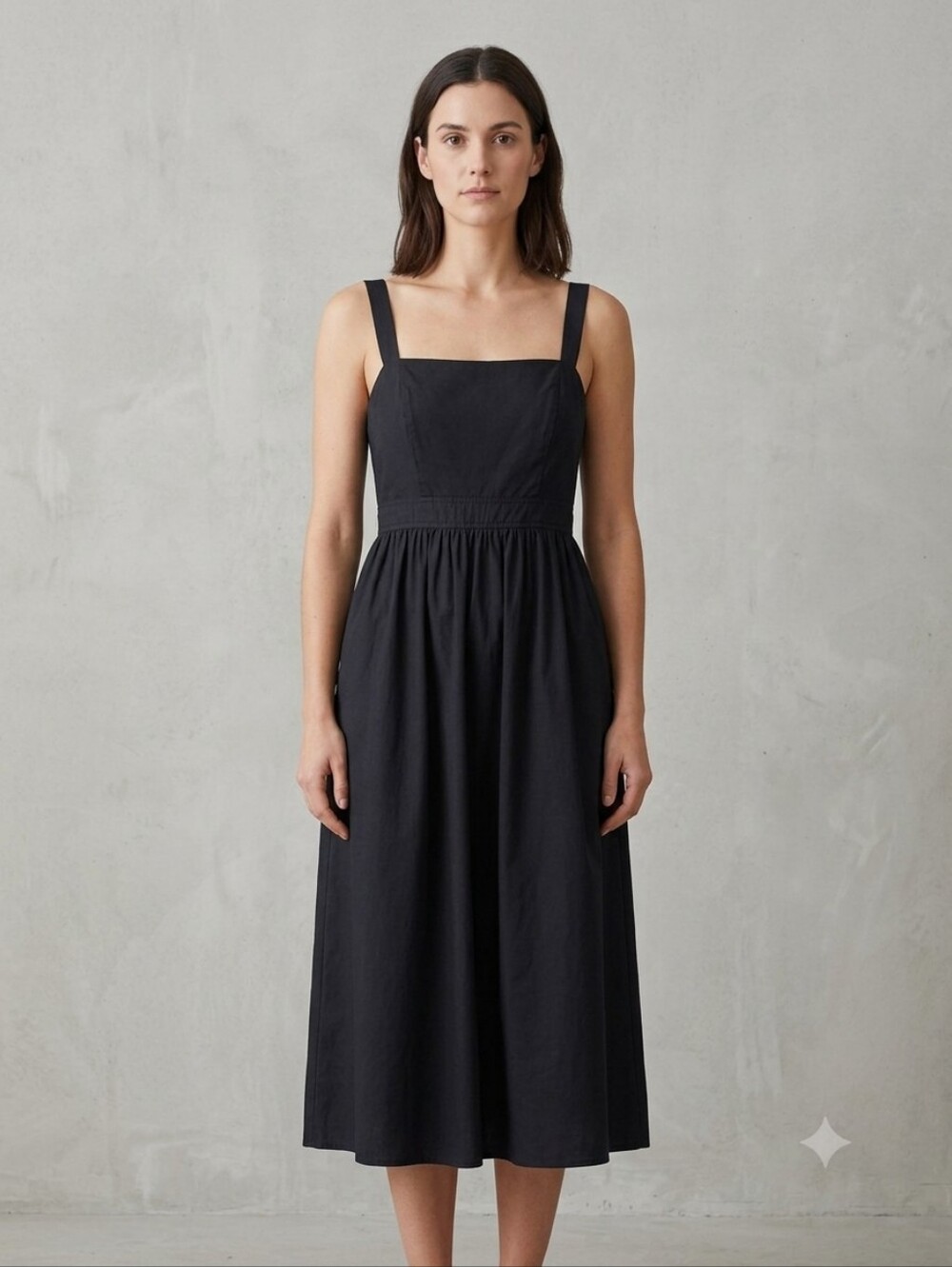 Black Midi Sundress with Wide Straps Smocked Back Gathered Waist - Size XS